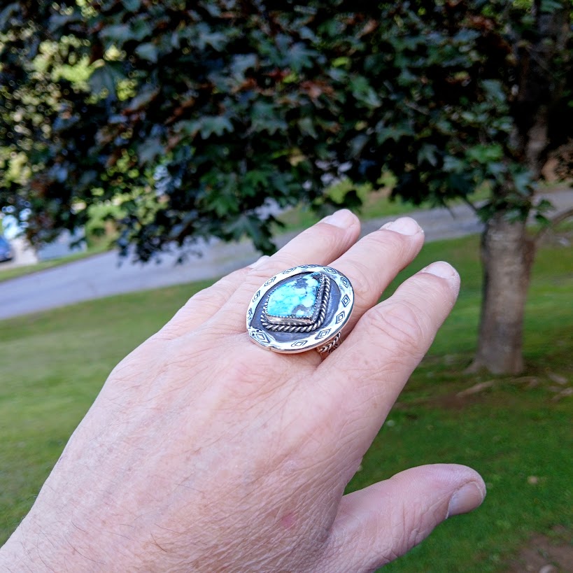 Hand wearing a ring with a turquoise stone against a natural background