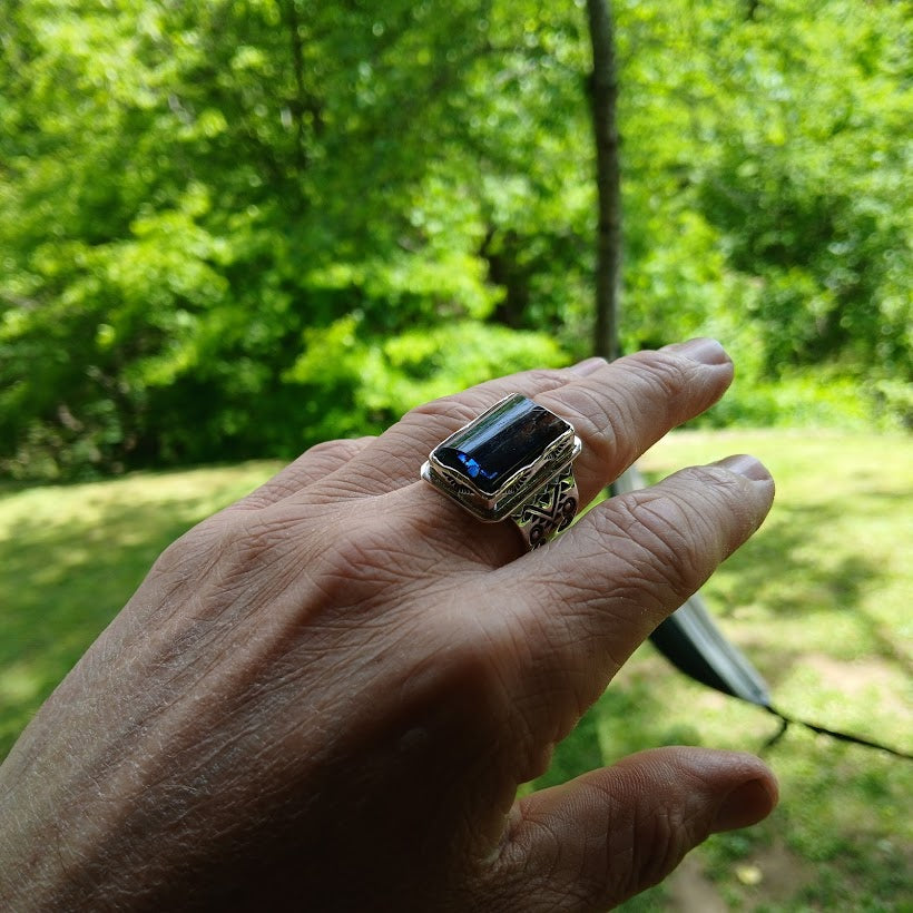 Hand wearing a ring with a blue stone against a green outdoor background