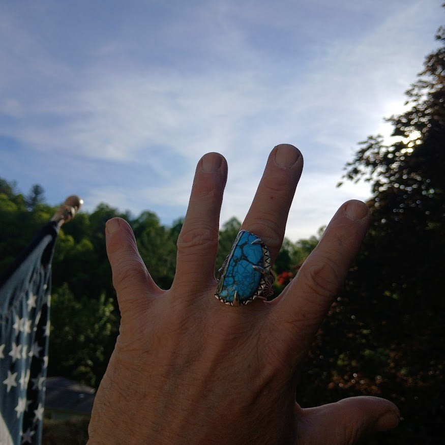 Hand wearing a turquoise ring with a blurred background of trees and sky