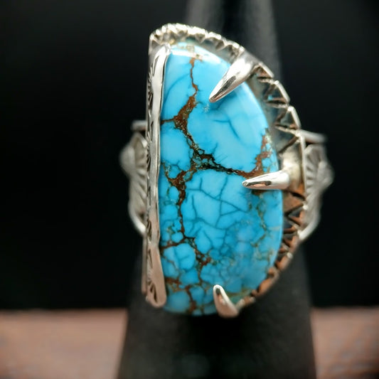 Turquoise ring with silver band on a black background