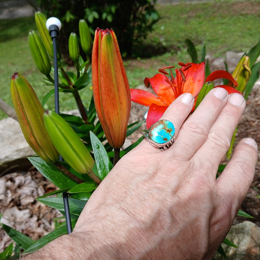 Hand wearing a turquoise ring with red flowers in the background