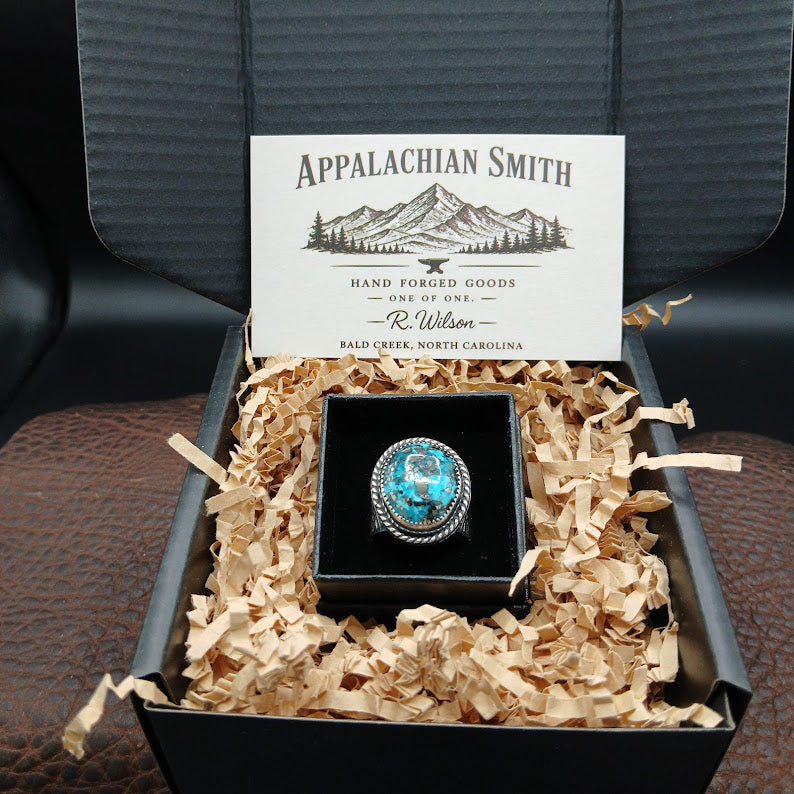Turquoise ring in gift box with Appalachian Smith branding card