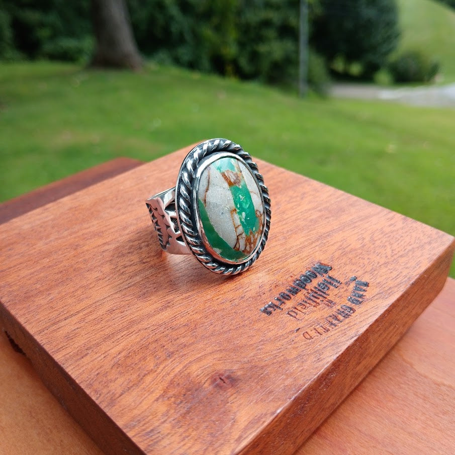 Royston ribbon turquoise ring — stamp detail, oxidized geometric and sun motifs, black cone
